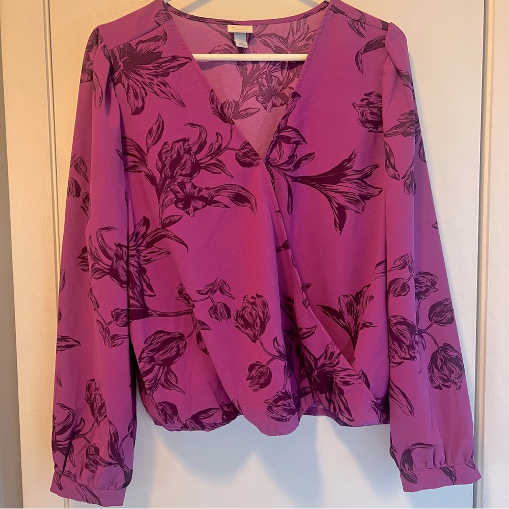 Purple floral print v-neck faux wrap blouse
